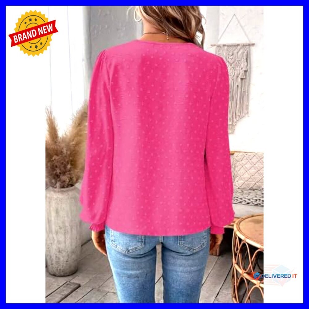 Swiss Dot Chiffon Blouse V Neck Long Sleeve Boho Lace Hem Flowy Casual - Picture 5 of 7